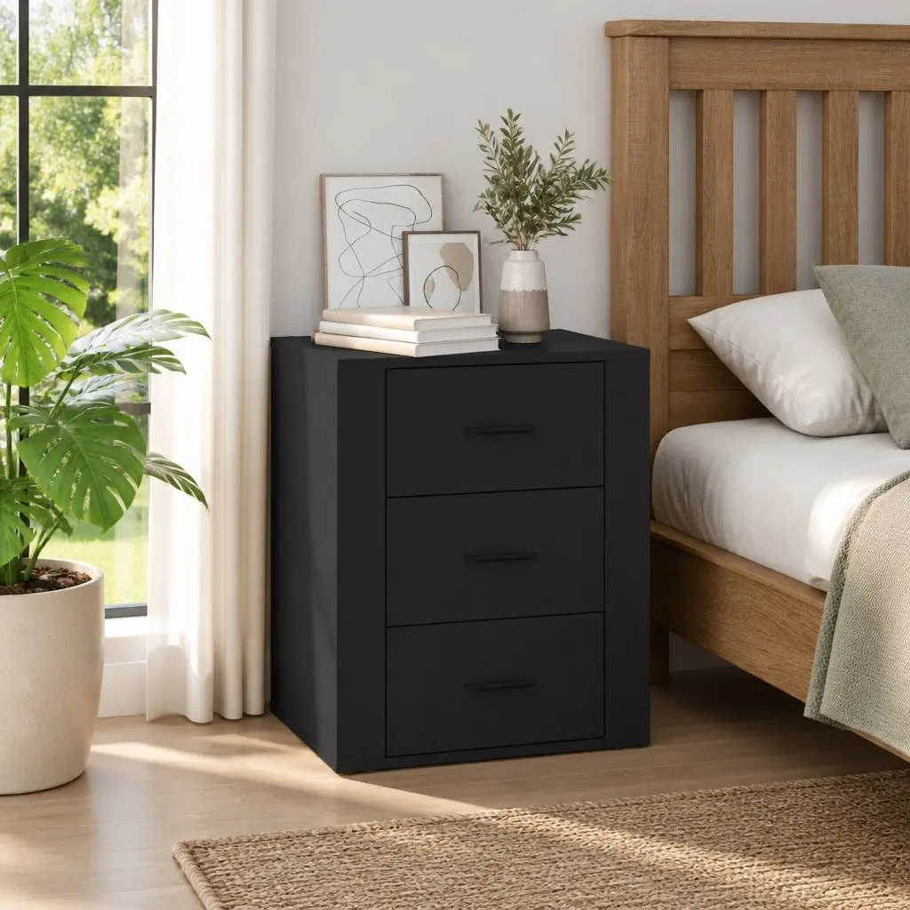Bedside Cabinet Black 50x36x60 cm Engineered Wood Nightstand 3 Drawer Storage