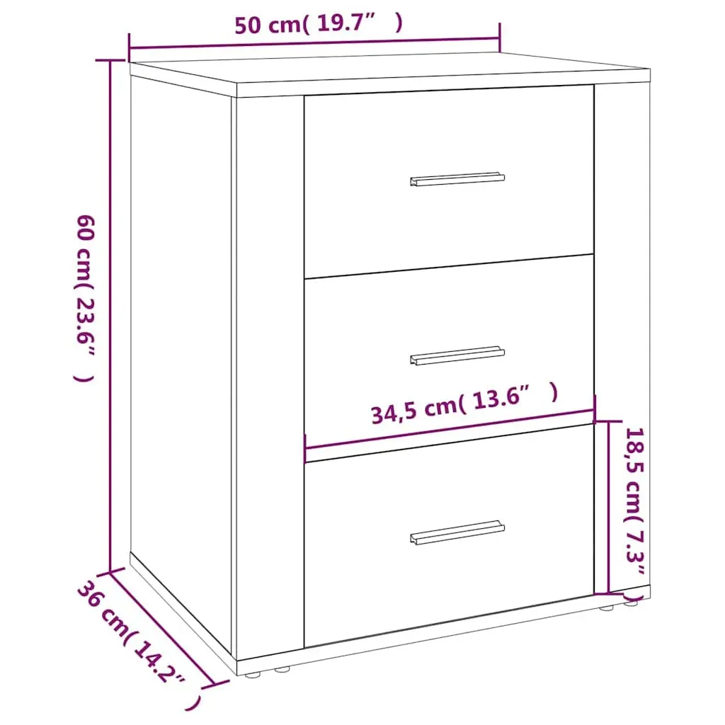 Bedside Cabinet 50x36x60cm High Gloss White 3 Drawer Nightstand Storage Table