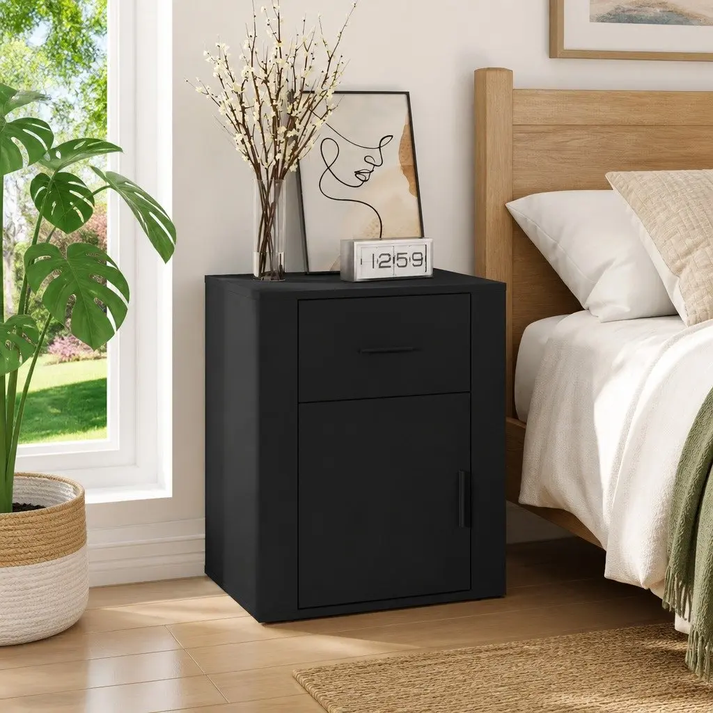 Bedside Cabinet Black Nightstand Storage Drawer Door Compartment 50x36x60cm