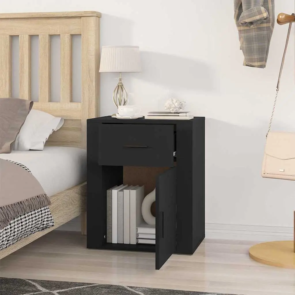 Bedside Cabinet Black Nightstand Storage Drawer Door Compartment 50x36x60cm