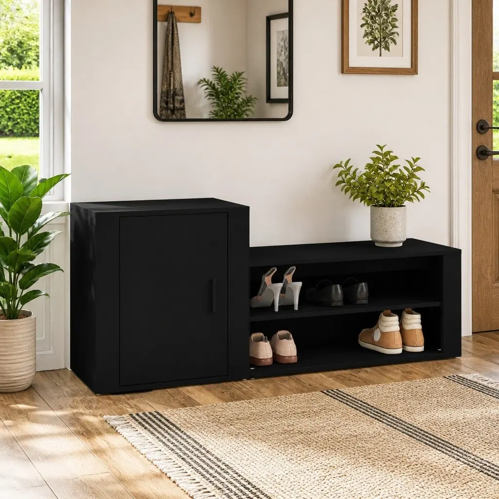 Shoe Cabinet Black Engineered Wood Storage Organiser 2 Compartments