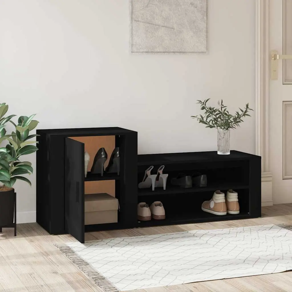 Shoe Cabinet Black Engineered Wood Storage Organiser 2 Compartments