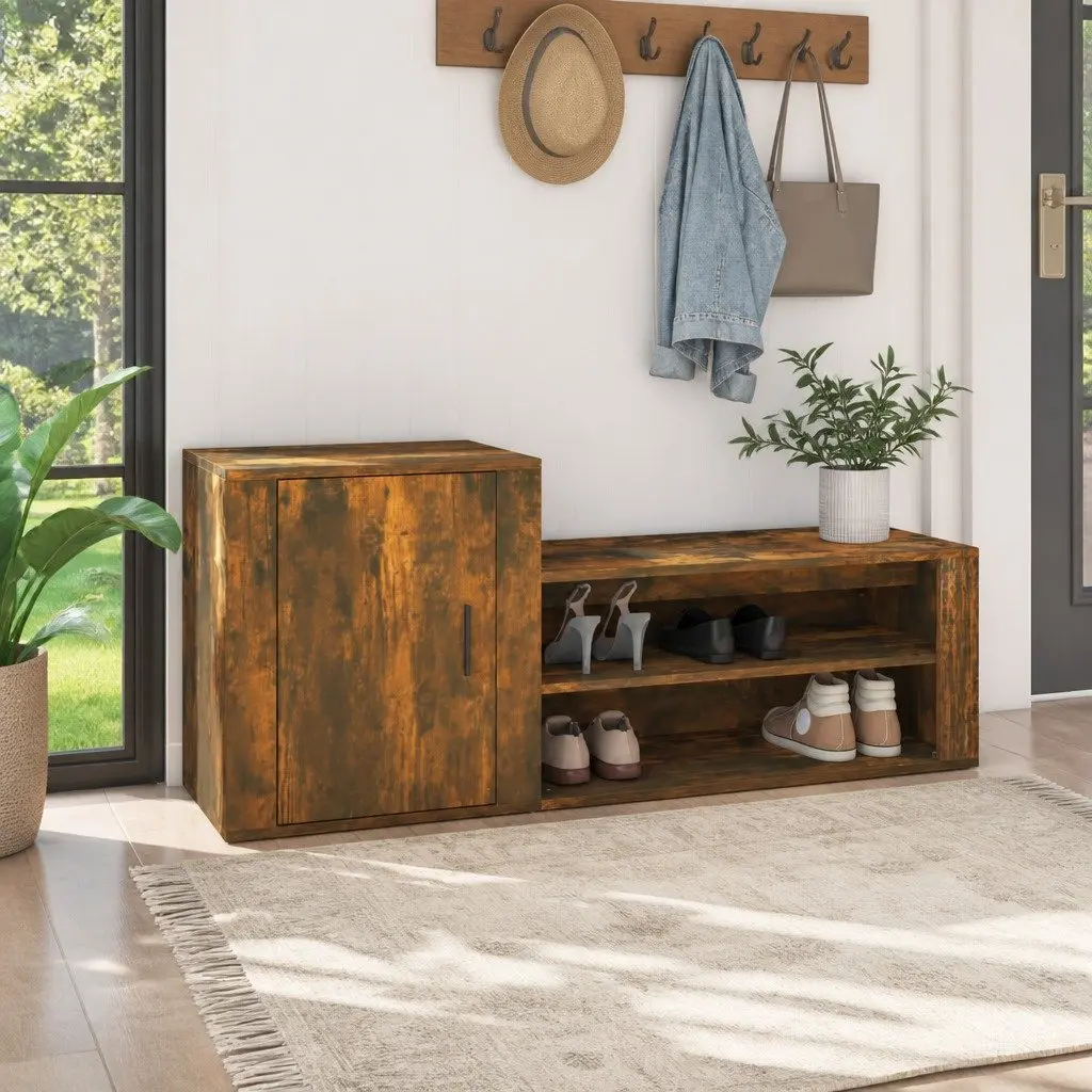 Shoe Cabinet Storage Organiser 2 Compartments Brown Engineered Wood