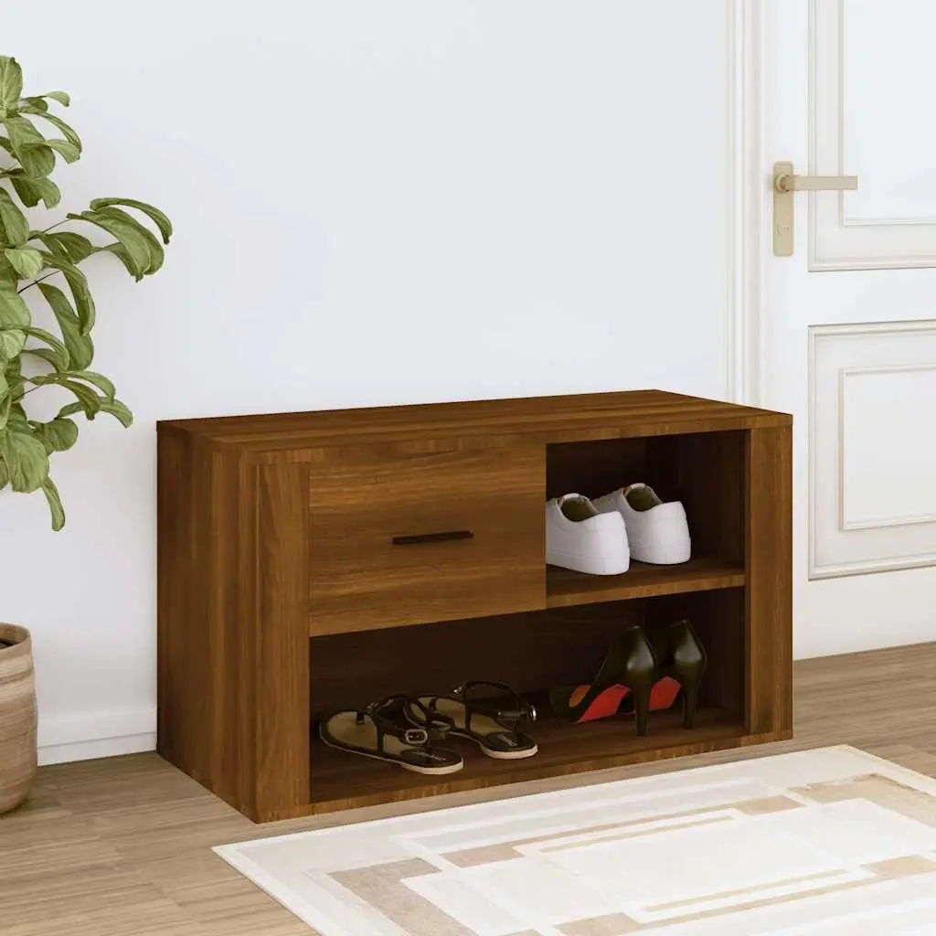 Shoe Storage Cabinet Organiser 80x35x45cm Brown Oak 2 Drawer Compartments