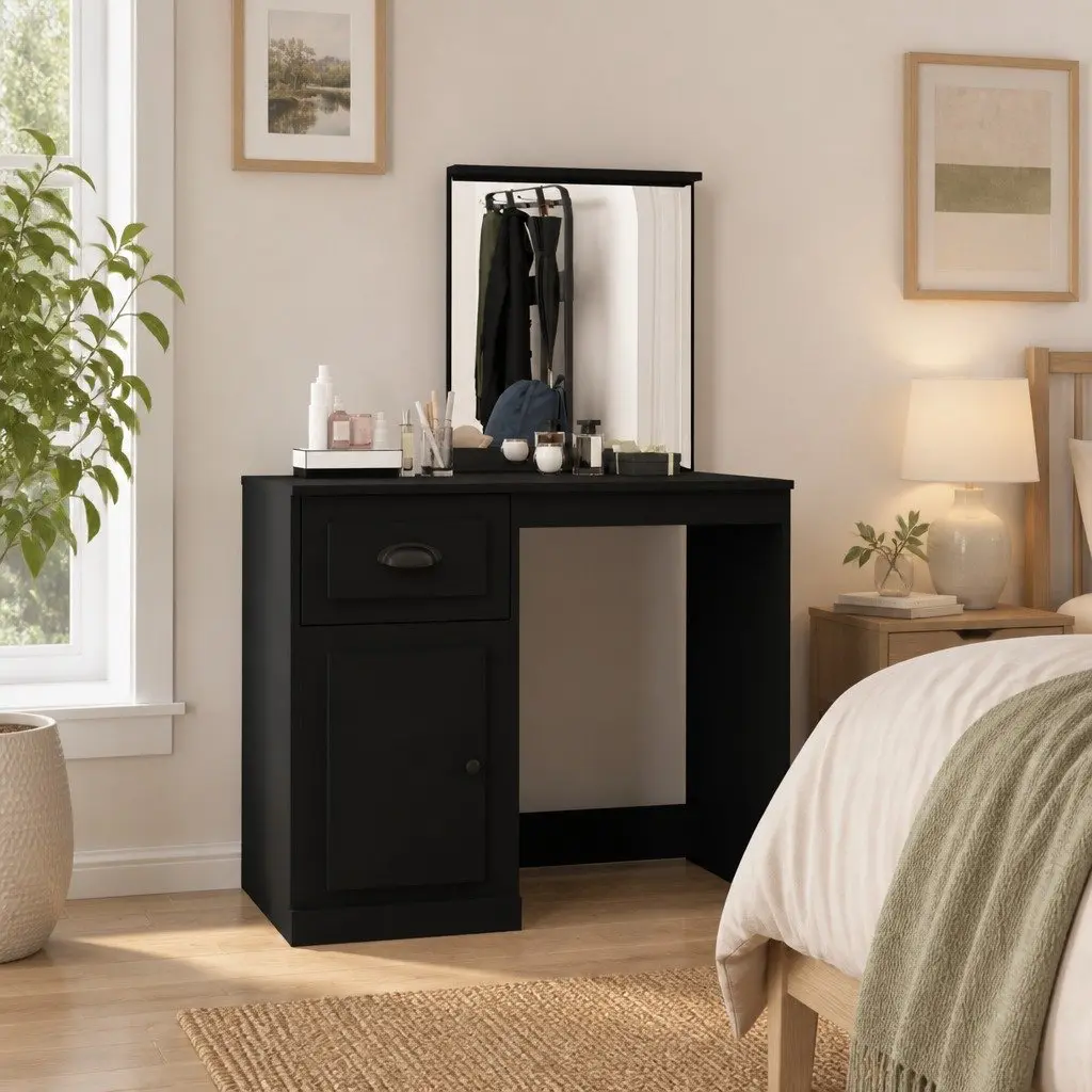 Dressing Table with Mirror Black Bedroom Vanity Unit Engineered Wood 90 x 50 x 132.5 cm