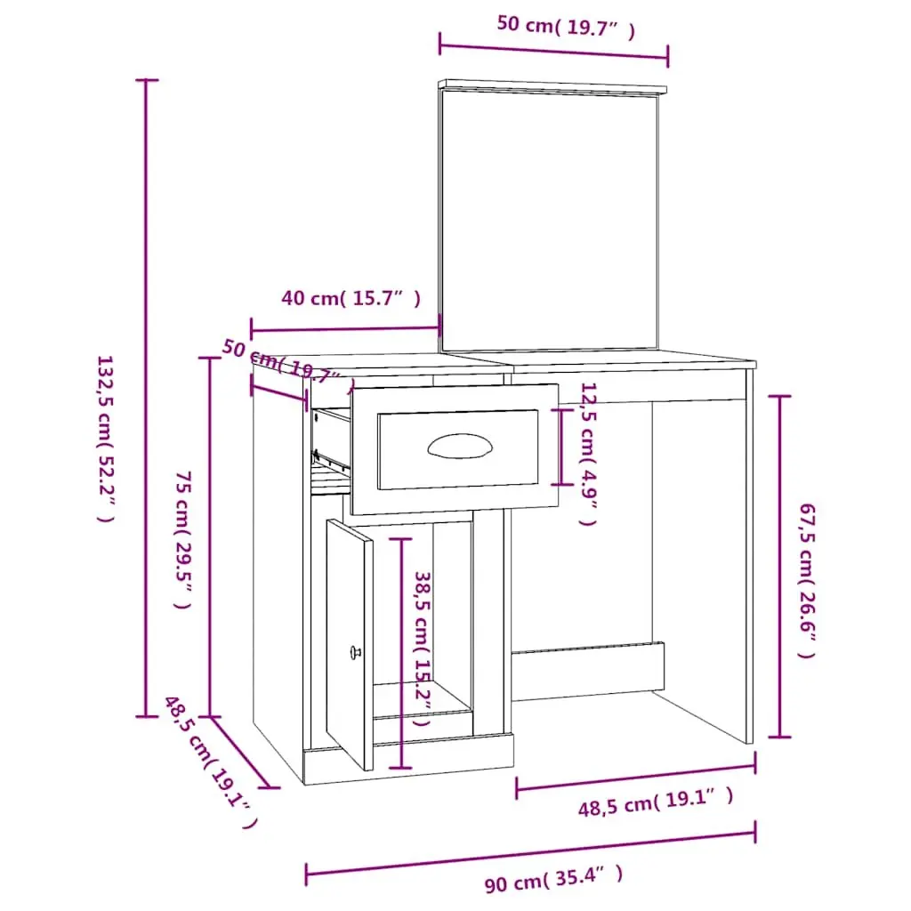 Dressing Table with Mirror Black Bedroom Vanity Unit Engineered Wood 90 x 50 x 132.5 cm