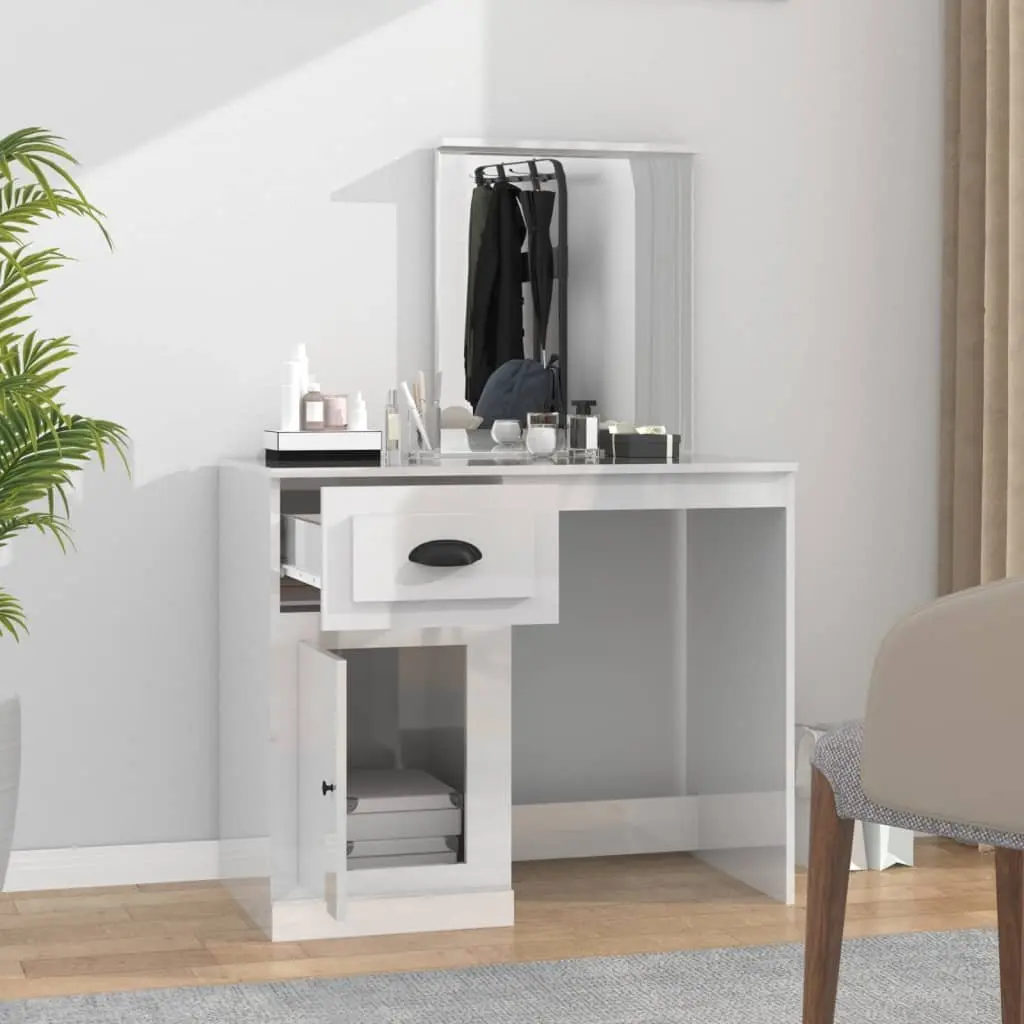Bedroom Dressing Table with Mirror White High Gloss Vanity Unit Makeup Storage