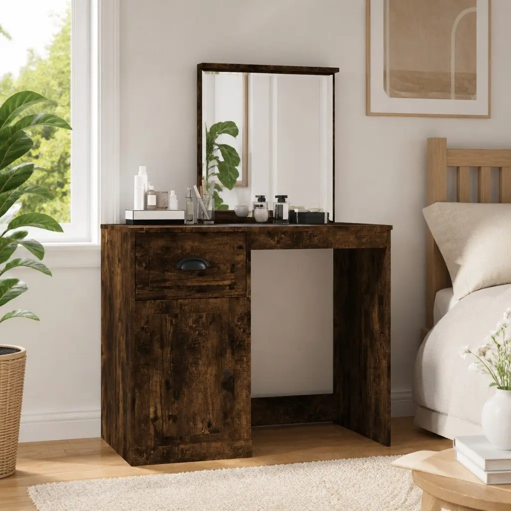 Dressing Table Makeup Desk with Mirror Brown Engineered Wood 90 x 50 x 132.5 cm