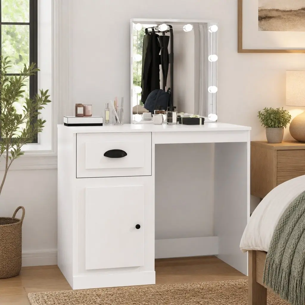 Dressing Table with LED Mirror White Bedroom Vanity Makeup Desk Storage Unit
