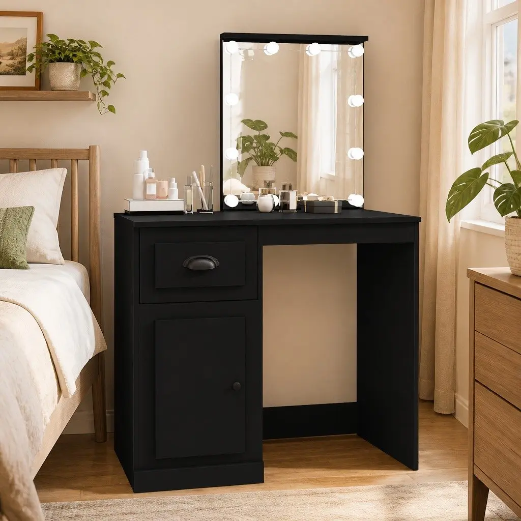 Dressing Table LED Mirror Makeup Desk Storage Unit Black 90W x 50D x 1325H cm