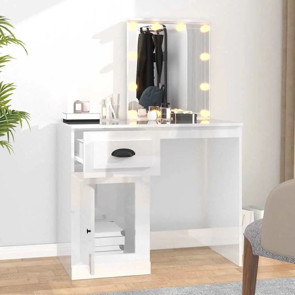 Dressing Table LED Mirror Makeup Desk 90x50x1325cm White High Gloss