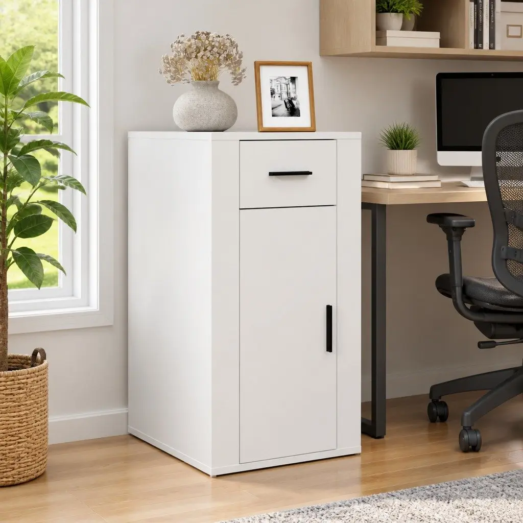 White Desk Cabinet with Drawer and Door