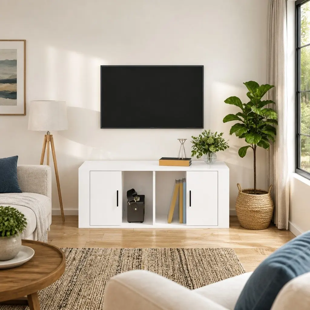 TV Cabinet Media Storage Unit 100cm High Gloss White 4 Compartments Engineered Wood
