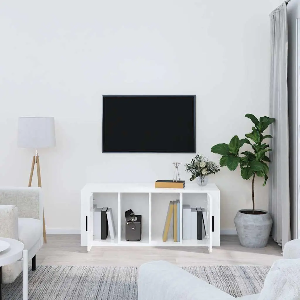 TV Cabinet Media Storage Unit 100cm High Gloss White 4 Compartments Engineered Wood