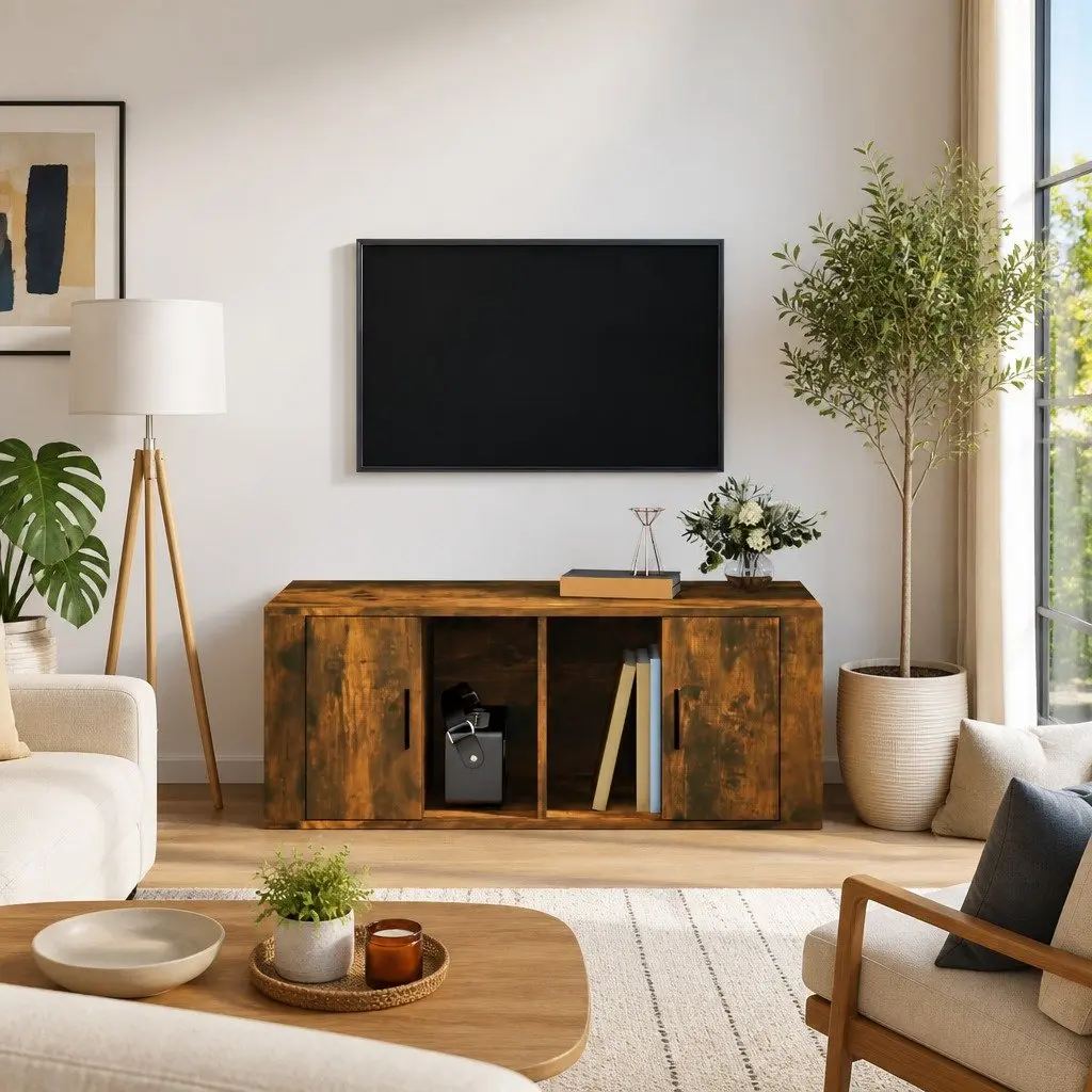 TV Cabinet Media Storage Unit 100 x 35 x 40 cm Brown Engineered Wood with Compartments and Door