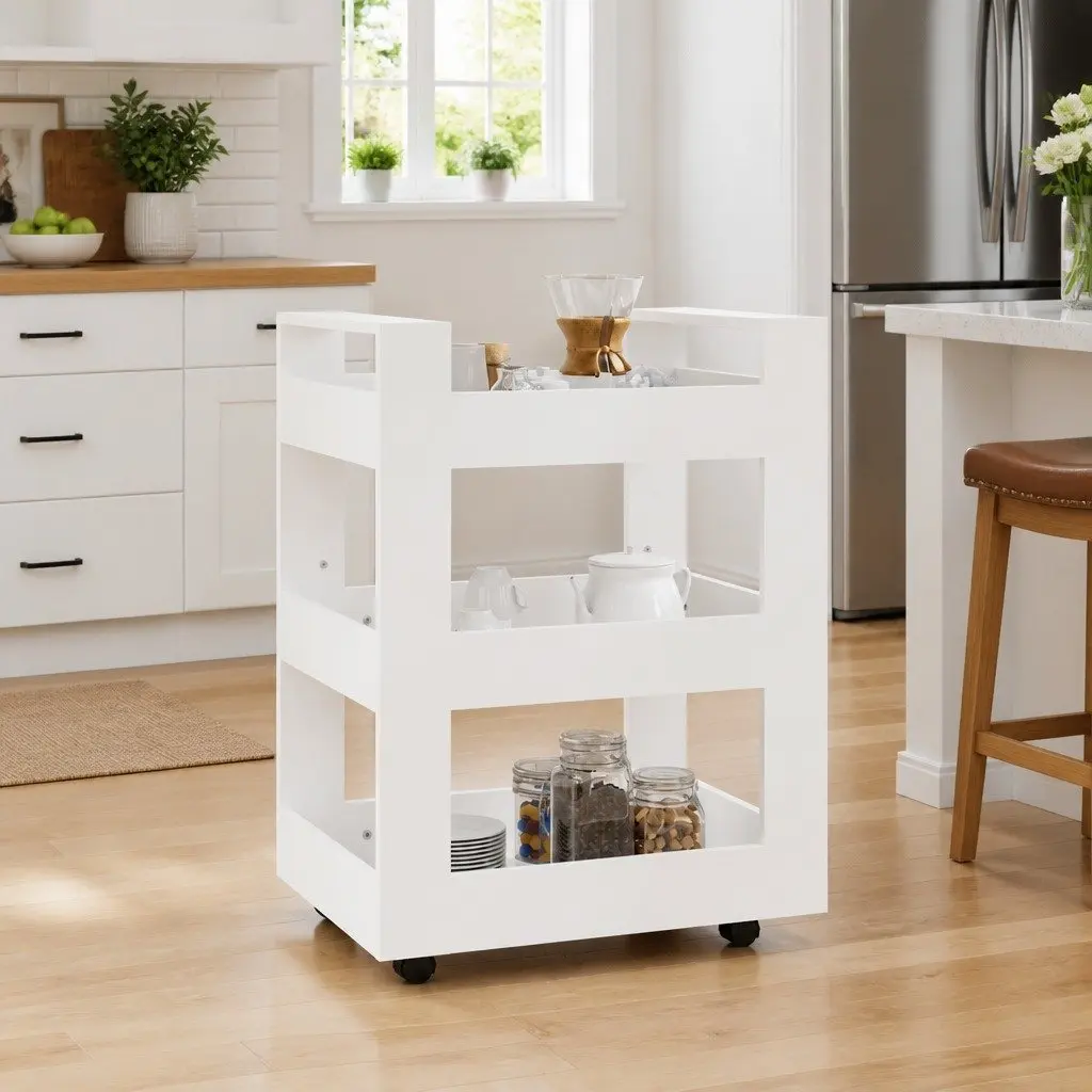 Kitchen Trolley Storage Cart 3-Shelf 60x45x80 cm White Engineered Wood