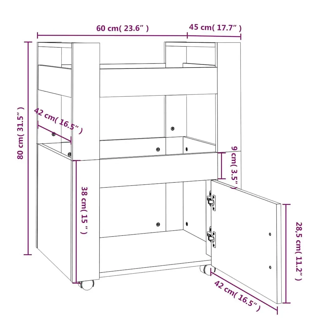 Kitchen Trolley Grey Sonoma 60x45x80 cm Storage Shelves Wheels Dining