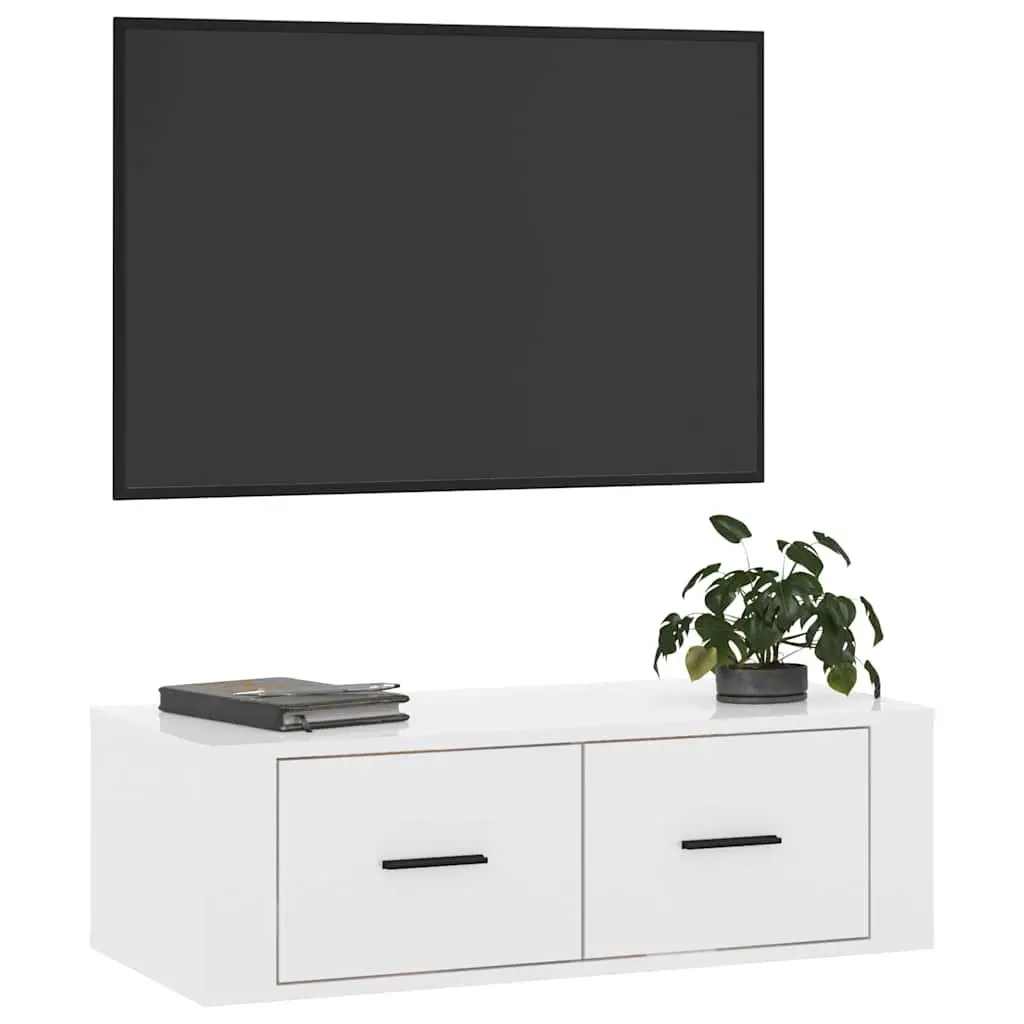 Hanging TV Cabinet White Wall-Mounted Storage Unit Engineered Wood Drawers