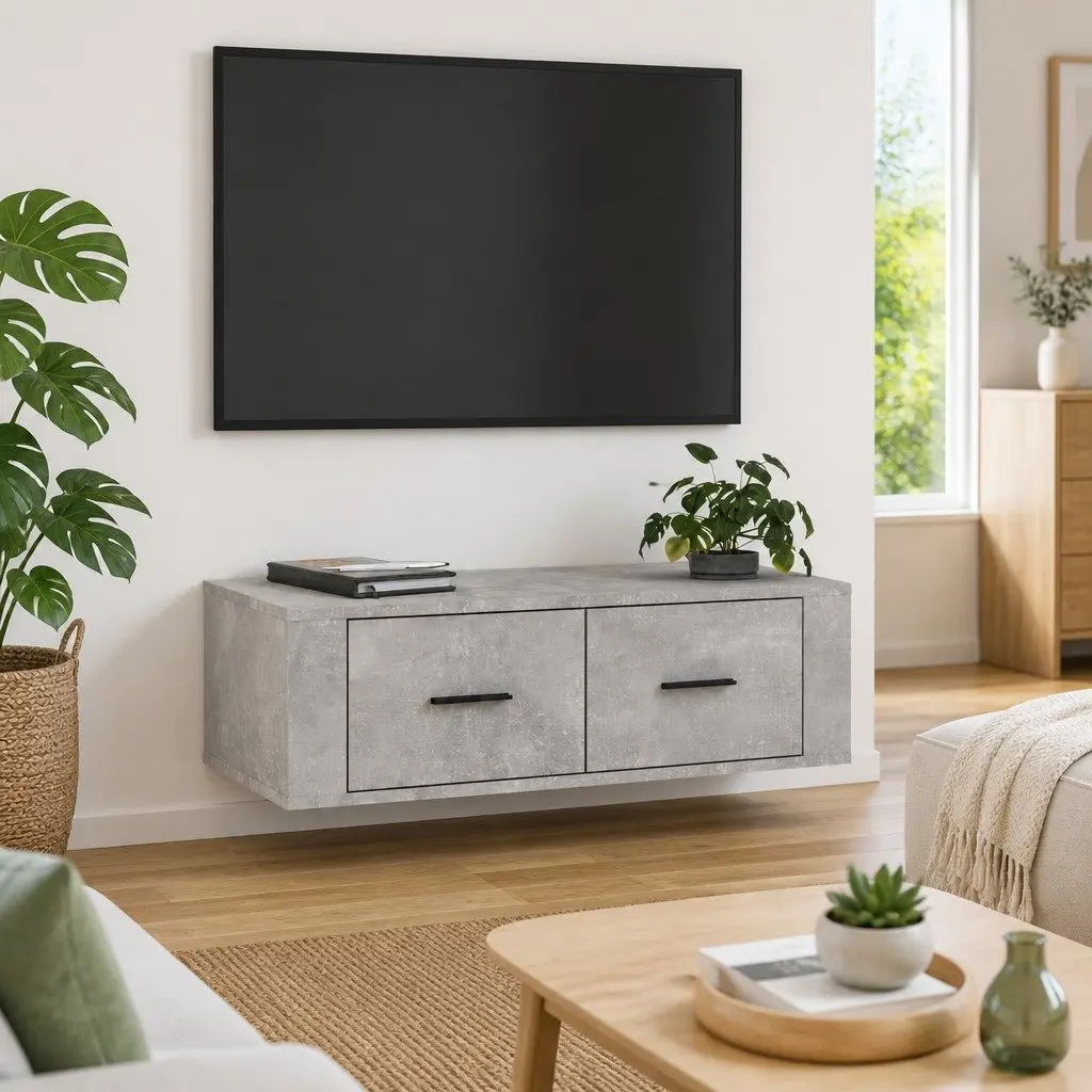 Wall-Mounted TV Cabinet Storage Unit Grey Engineered Wood 2 Drawers