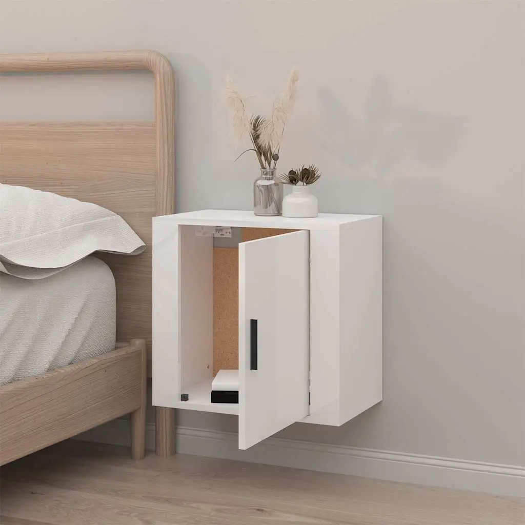Wall-Mounted Bedside Cabinet White High Gloss Floating Storage Organiser