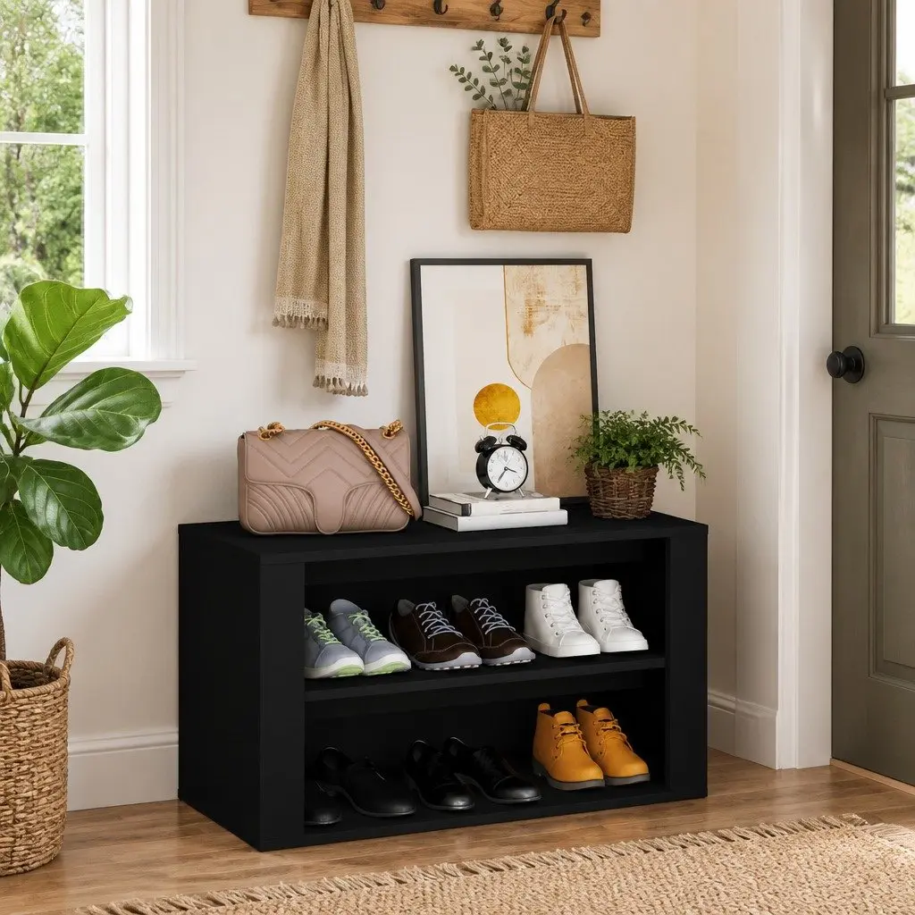 Shoe Rack Black Engineered Wood Storage Cabinet 2 Compartment Organiser 75W x 35D x 45H cm