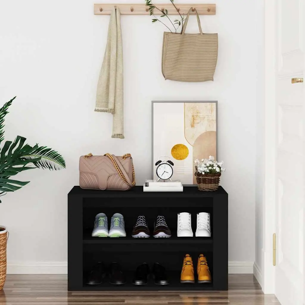 Shoe Rack Black Engineered Wood Storage Cabinet 2 Compartment Organiser 75W x 35D x 45H cm