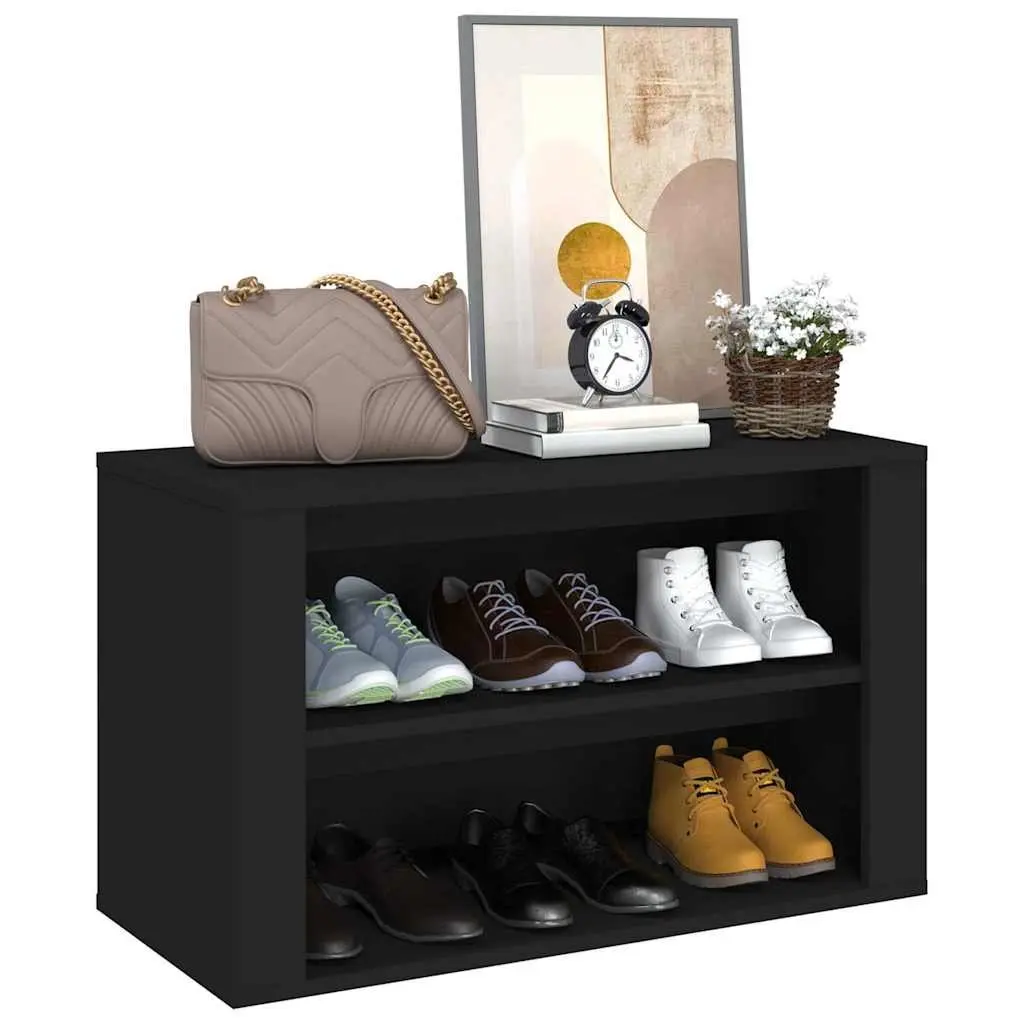 Shoe Rack Black Engineered Wood Storage Cabinet 2 Compartment Organiser 75W x 35D x 45H cm