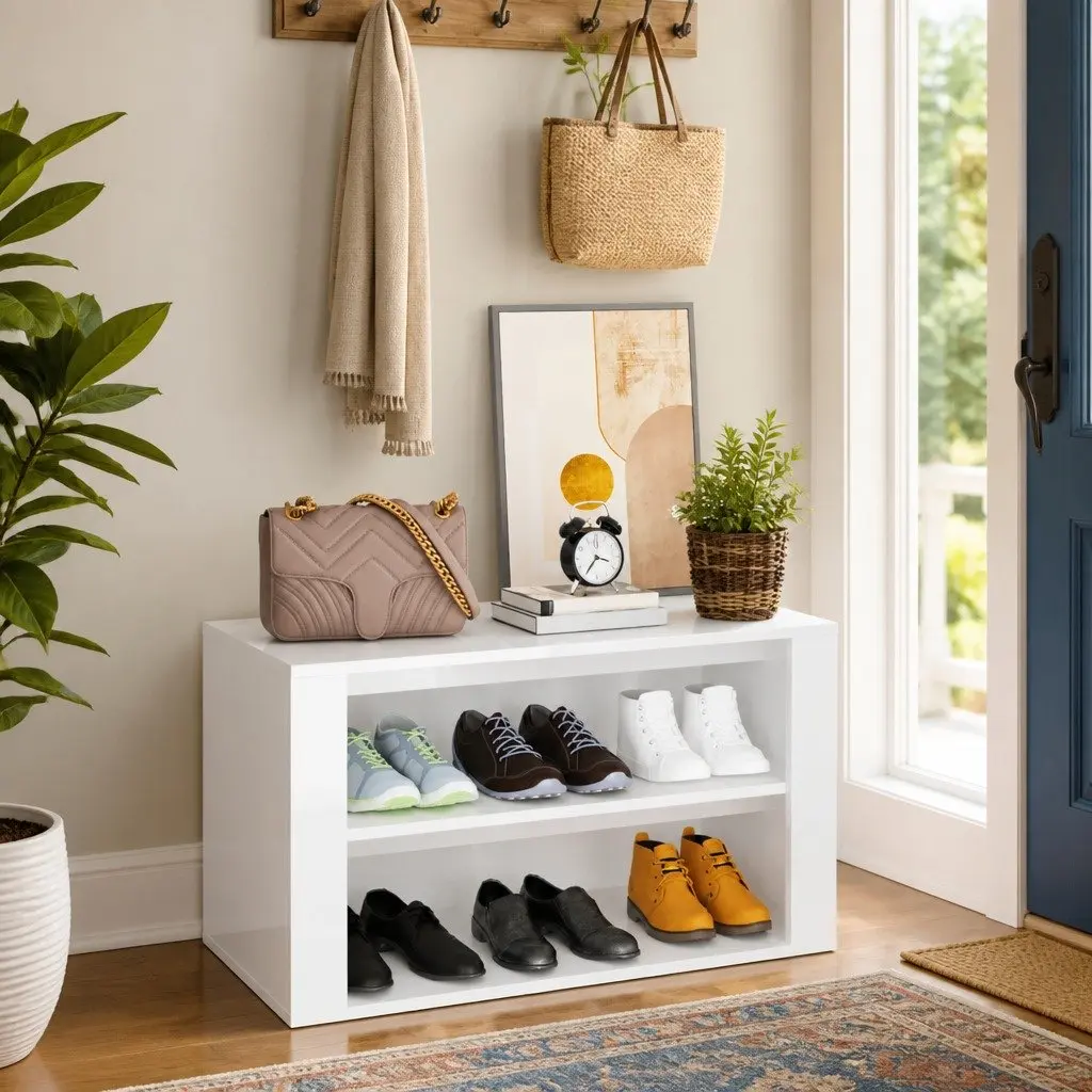 Shoe Rack Storage Organiser Cabinet 2 Compartment White High Gloss Engineered Wood