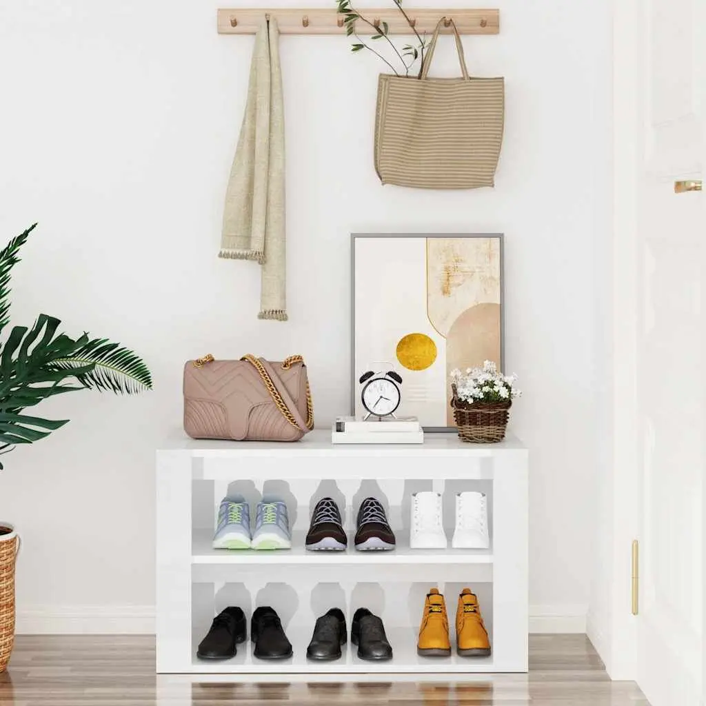 Shoe Rack Storage Organiser Cabinet 2 Compartment White High Gloss Engineered Wood