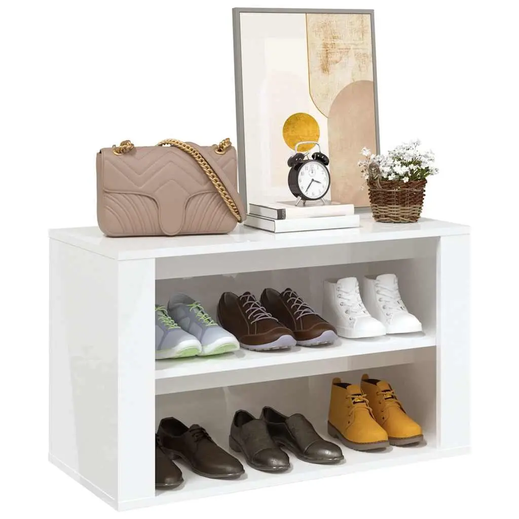 Shoe Rack Storage Organiser Cabinet 2 Compartment White High Gloss Engineered Wood