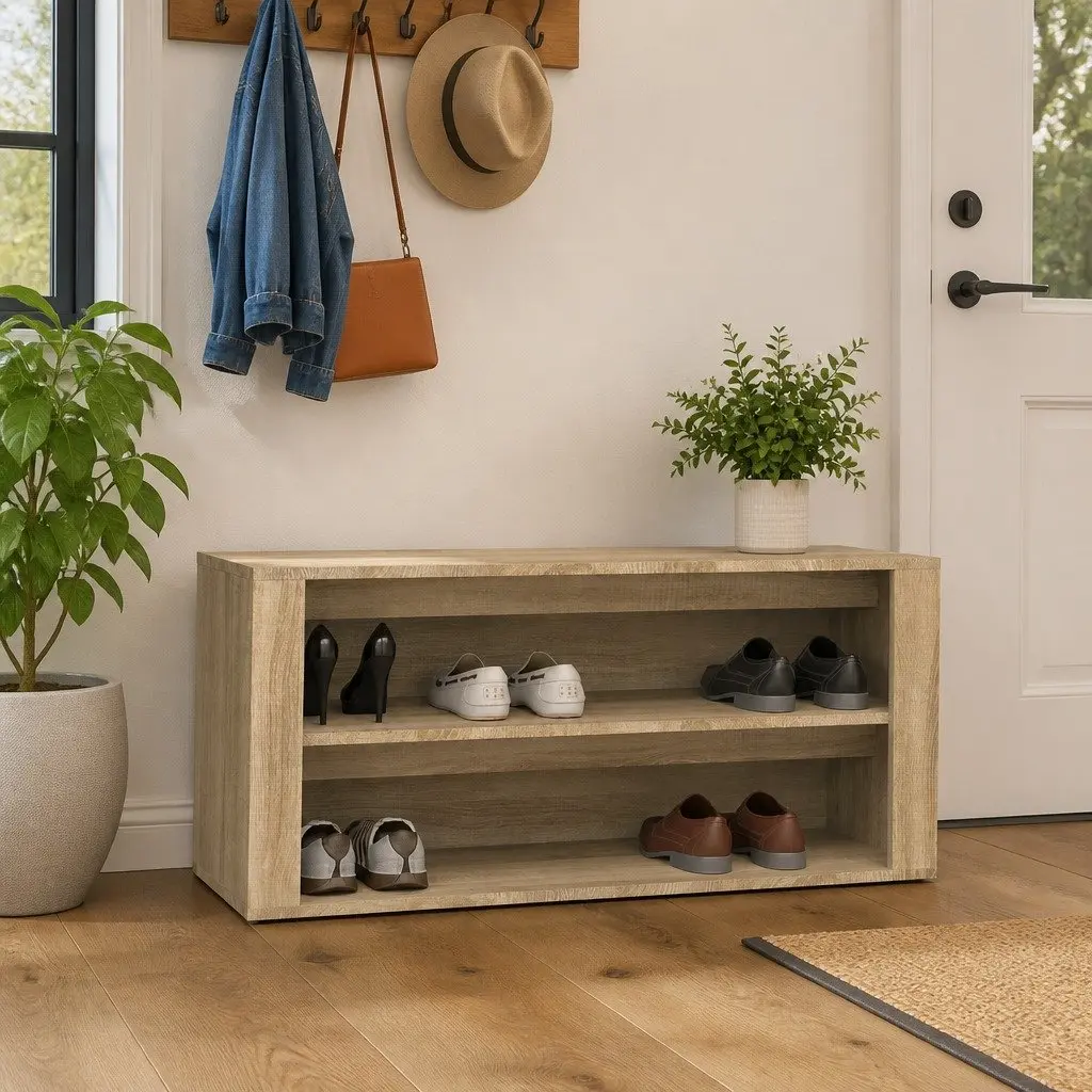 Shoe Storage Organiser Brown Engineered Wood 2 Compartment Rack Cabinet