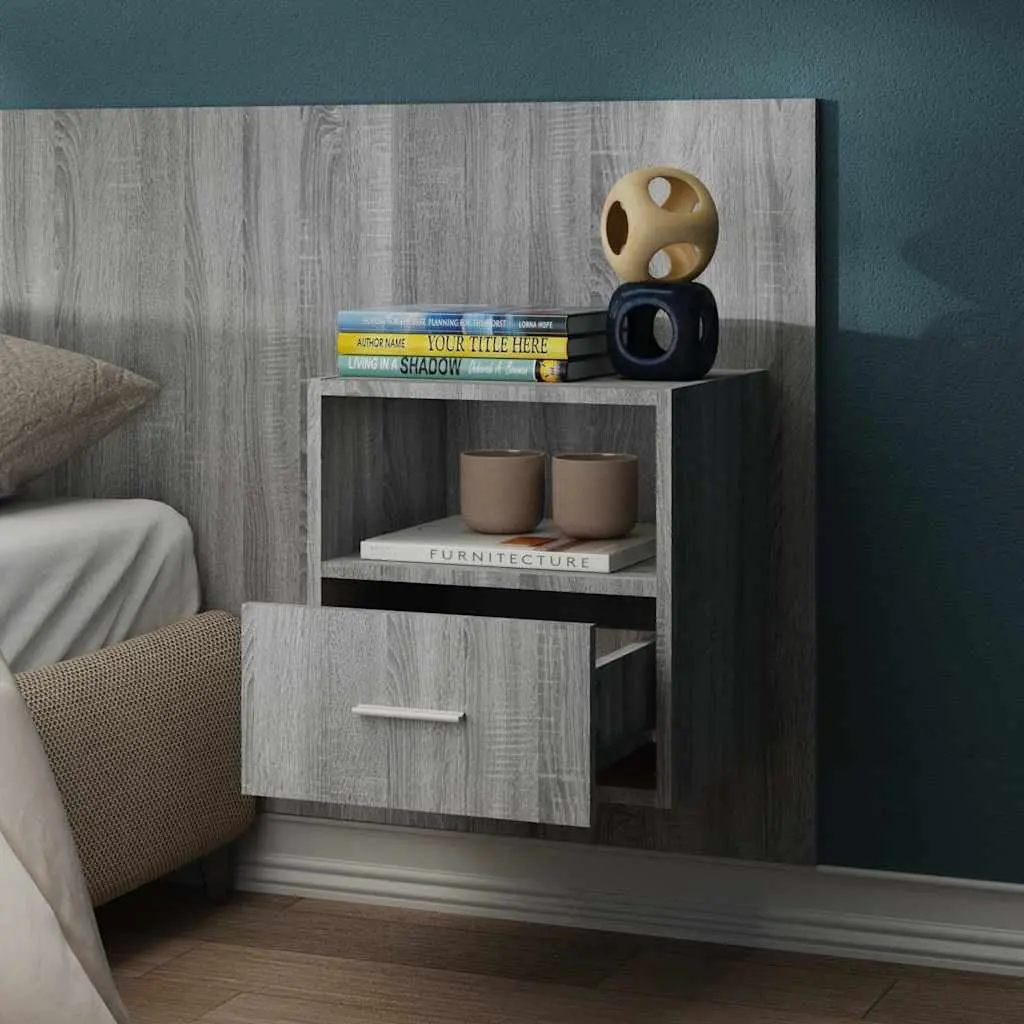 Wall-mounted Bedside Cabinet Grey Storage Floating Shelf Unit Living Room