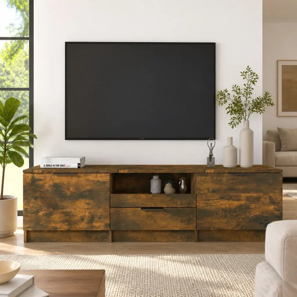 TV Cabinet Unit Brown Engineered Wood Storage Compartment Drawer Organiser 140 x 35 x 40 cm