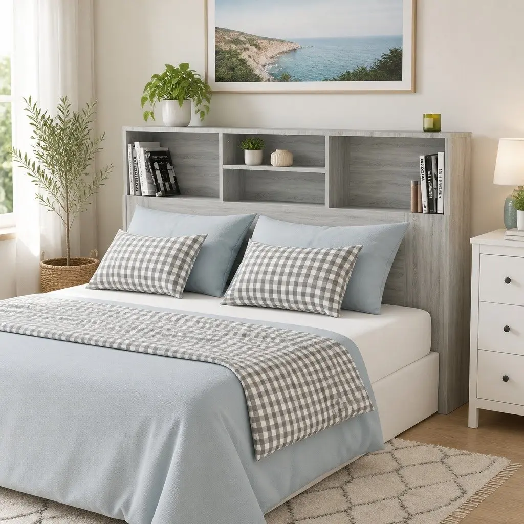 Headboard Cabinet Grey Sonoma 160cm Bedroom Storage Bookcase Wall-Mounted