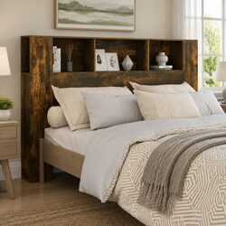 Warm and Functional Brown Smoked Oak Headboard Cabinet