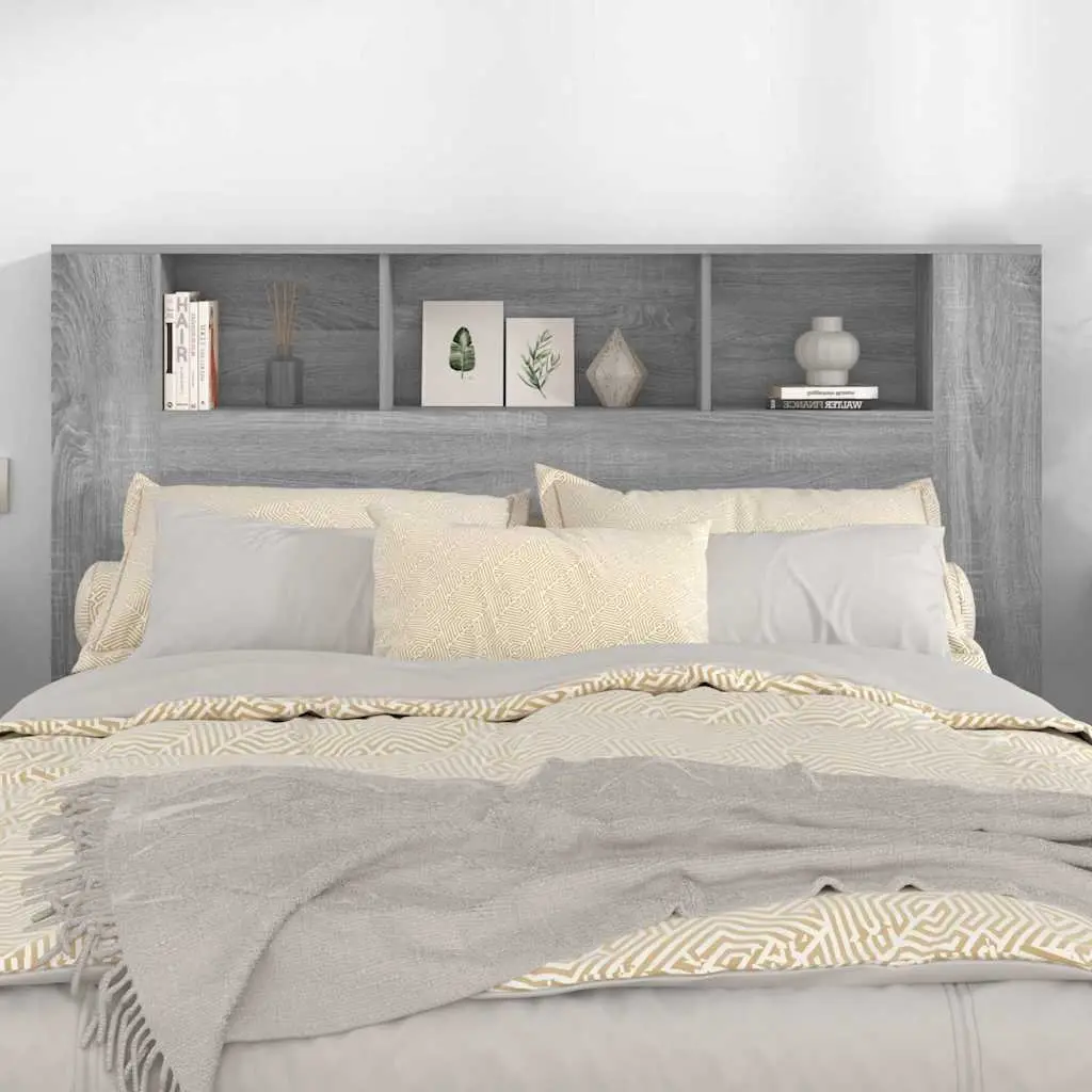 Headboard Cabinet with Storage Compartments Grey Wall-Mounted Bedroom Furniture