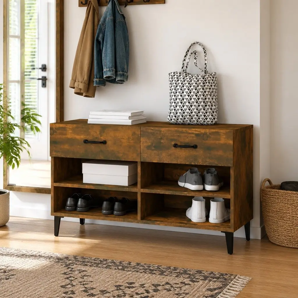 Shoe Cabinet Storage Organiser 102x35x55 cm Brown 2 Drawers 4 Compartments