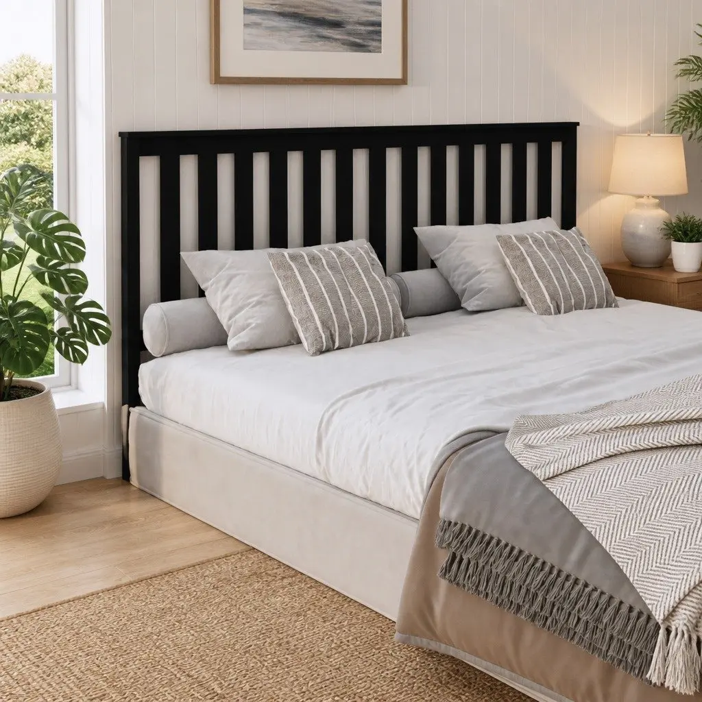 Bed Headboard Solid Pine Wood Slatted 186cm Black Modern Bedroom Furniture