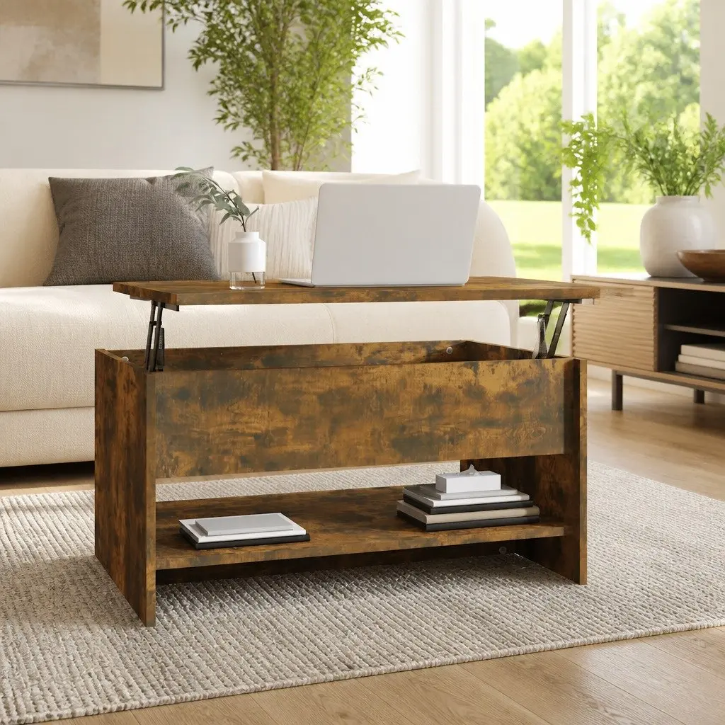 Coffee Table Hidden Storage Adjustable Liftable Top 80L x 50W x 40H cm Smoked Oak Brown