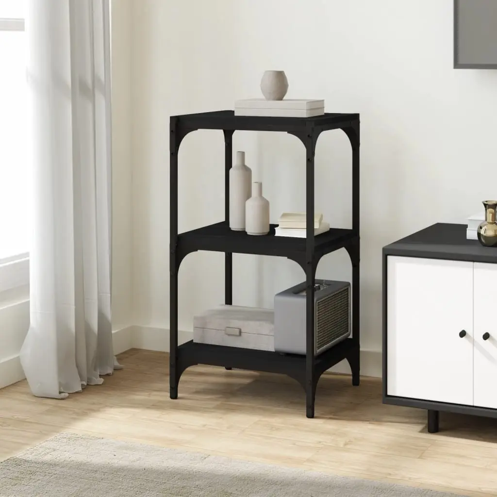 Book Cabinet Black 3-Tier Storage Shelf Engineered Wood Steel Frame Display Unit