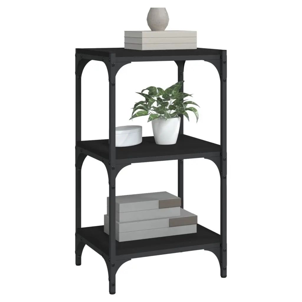 Book Cabinet Black 3-Tier Storage Shelf Engineered Wood Steel Frame Display Unit