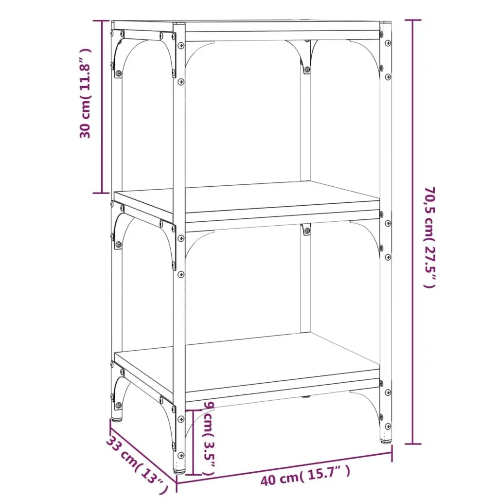 Book Cabinet Black 3-Tier Storage Shelf Engineered Wood Steel Frame Display Unit