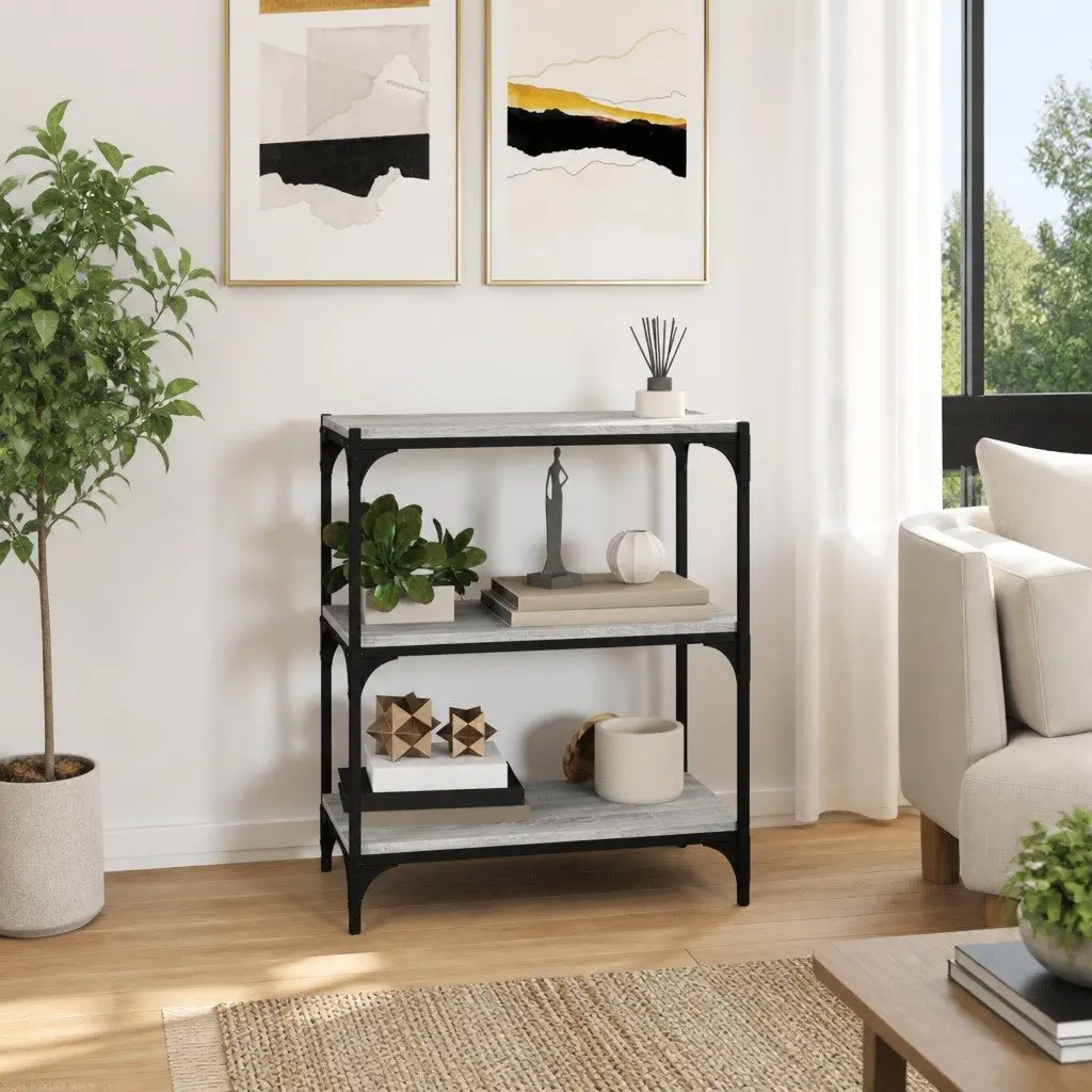 Book Cabinet Grey 3 Shelf Storage Unit Industrial Style Home Office