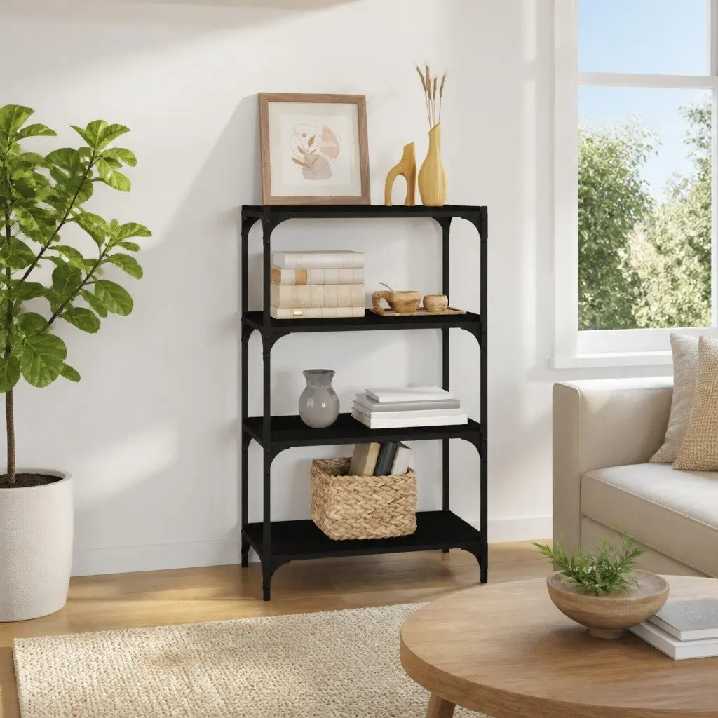 Book Cabinet Black 4 Shelves Storage Organiser Industrial Style Engineered Wood