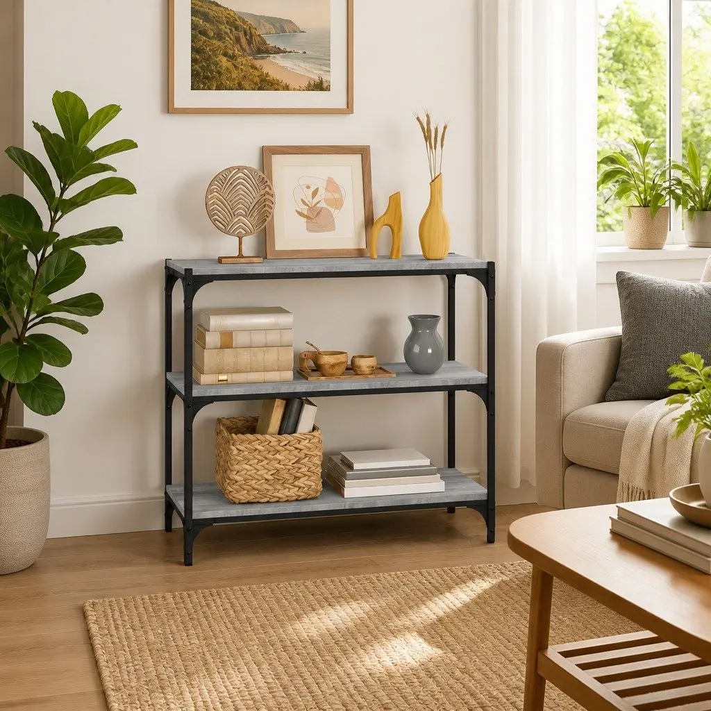 Book Cabinet Storage 3 Shelves Grey Engineered Wood Steel Frame Industrial