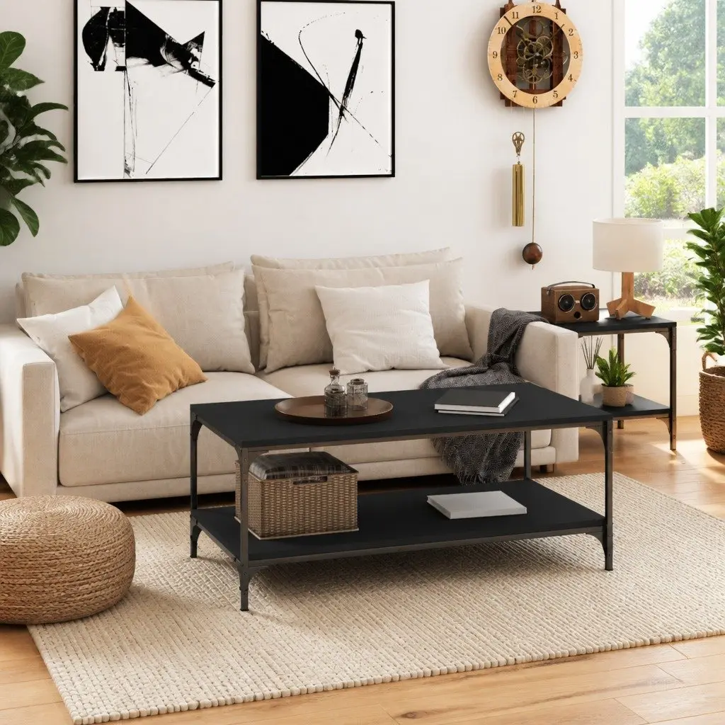 Industrial Style Coffee Table Black Engineered Wood Living Room Storage 100x50x40cm