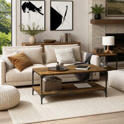 Coffee Table Brown Engineered Wood Steel Frame Storage Organiser Living Room