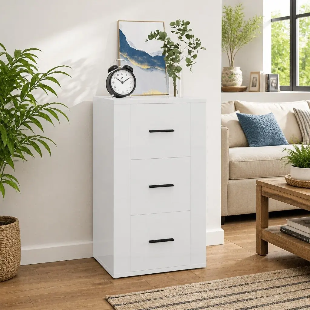 Sideboard Cabinet Storage 40x33x70cm White High Gloss Engineered Wood 3 Drawers