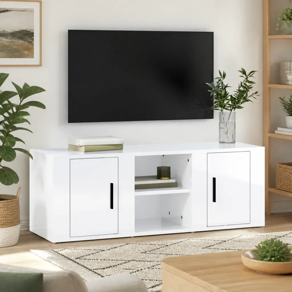 TV Cabinet Media Storage Unit 100cm High Gloss White Engineered Wood 4 Compartments