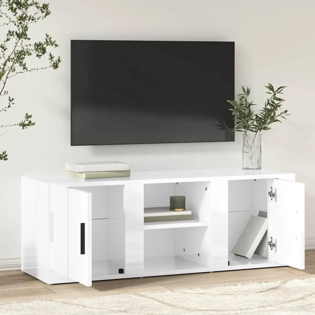 TV Cabinet Media Storage Unit 100cm High Gloss White Engineered Wood 4 Compartments